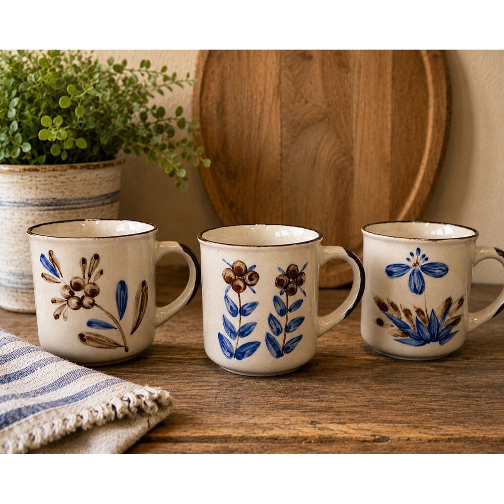 Vintage Korea Stoneware Coffee Mugs Set of 3 Hand Painted Blue Brown Floral